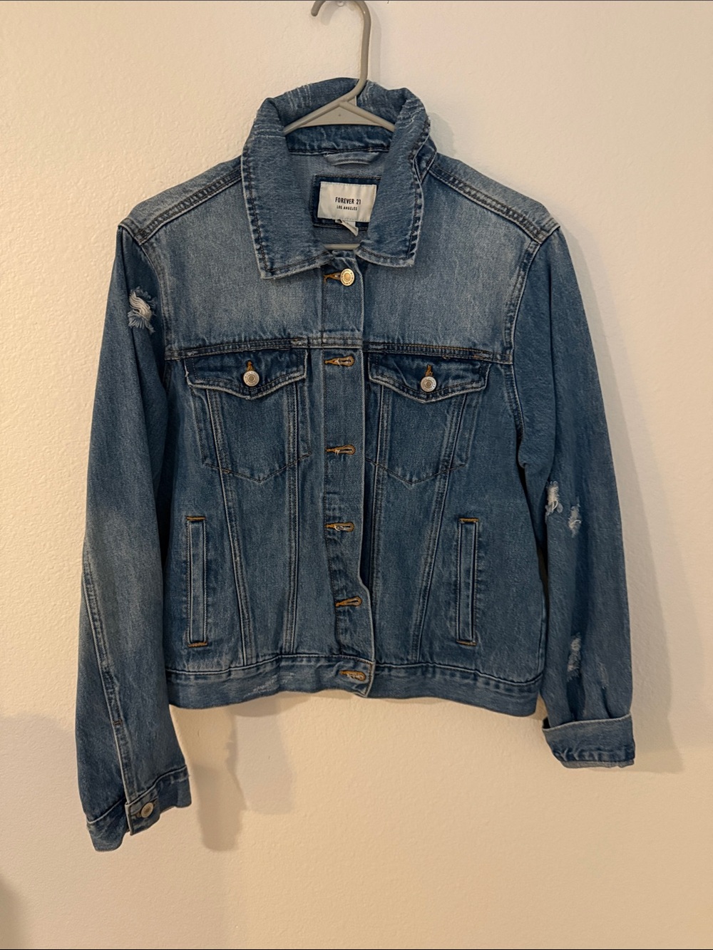 Forever 21 Distressed Medium Blue Denim Jacket